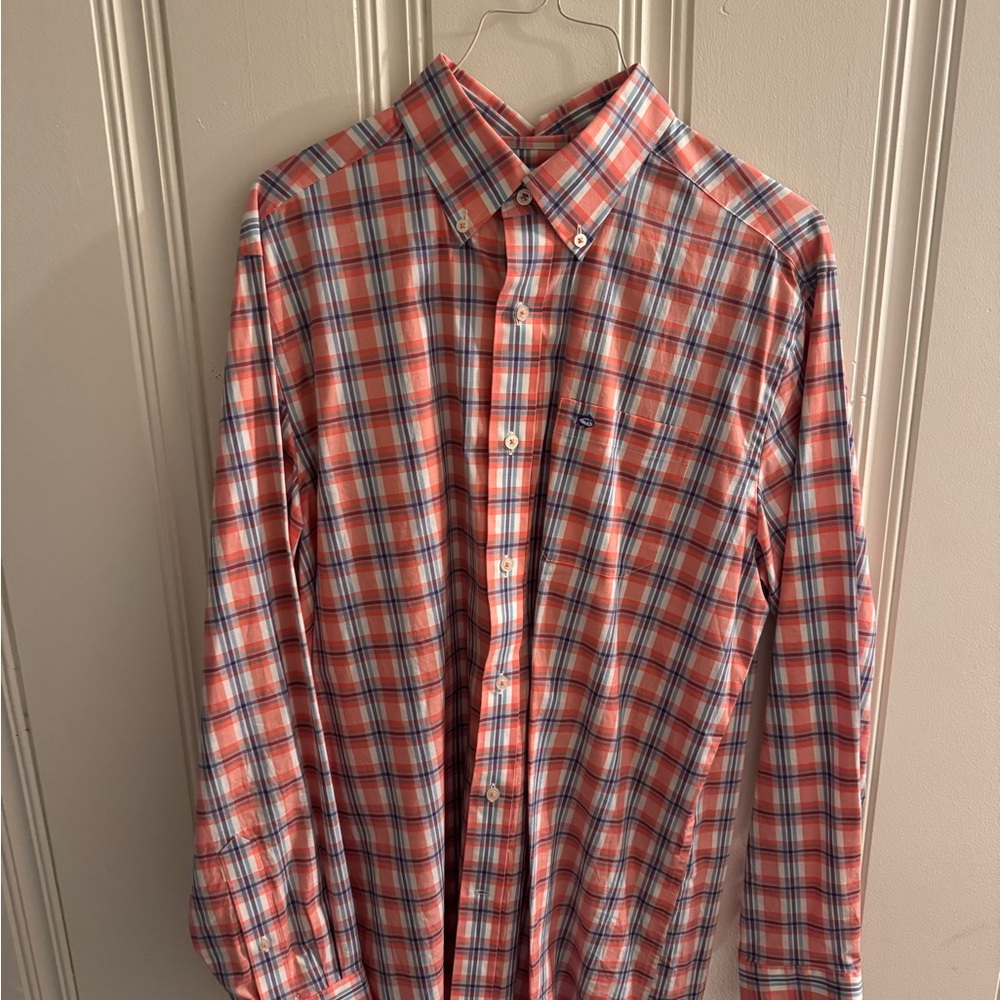 Southern Tide Coral and Blue Plaid Shirt